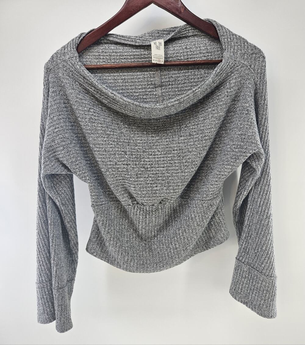 Free People We The Free Top Womens M Gray Waffle Knit Cowl Neck Long Sleeve